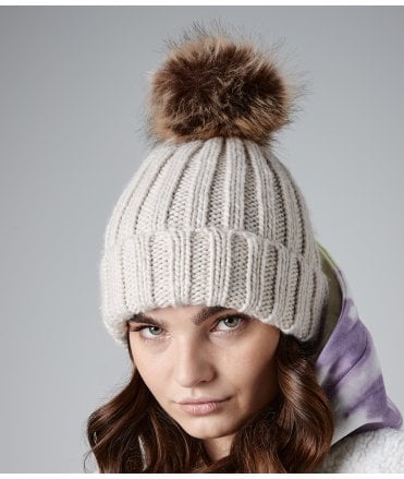 Beechfield Faux Fur Pop Pom Chunky Beanie