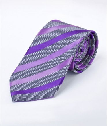 Disley Standard Polyester Tie Grey/Purple Stripe