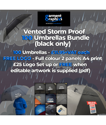 FREE LOGO 100 BUNDLE Vented Storm Proof Umbrellas - Black